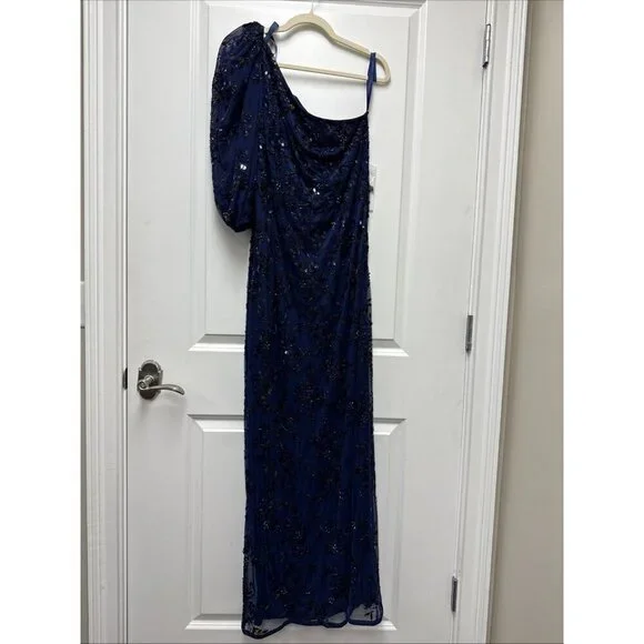 navy formal dress size 14 Jovani 38846 Size 14 Navy Sequin Beaded Fringe Prom Dress Formal V Neck Corset Slit Gown Pageant Slit main image 1